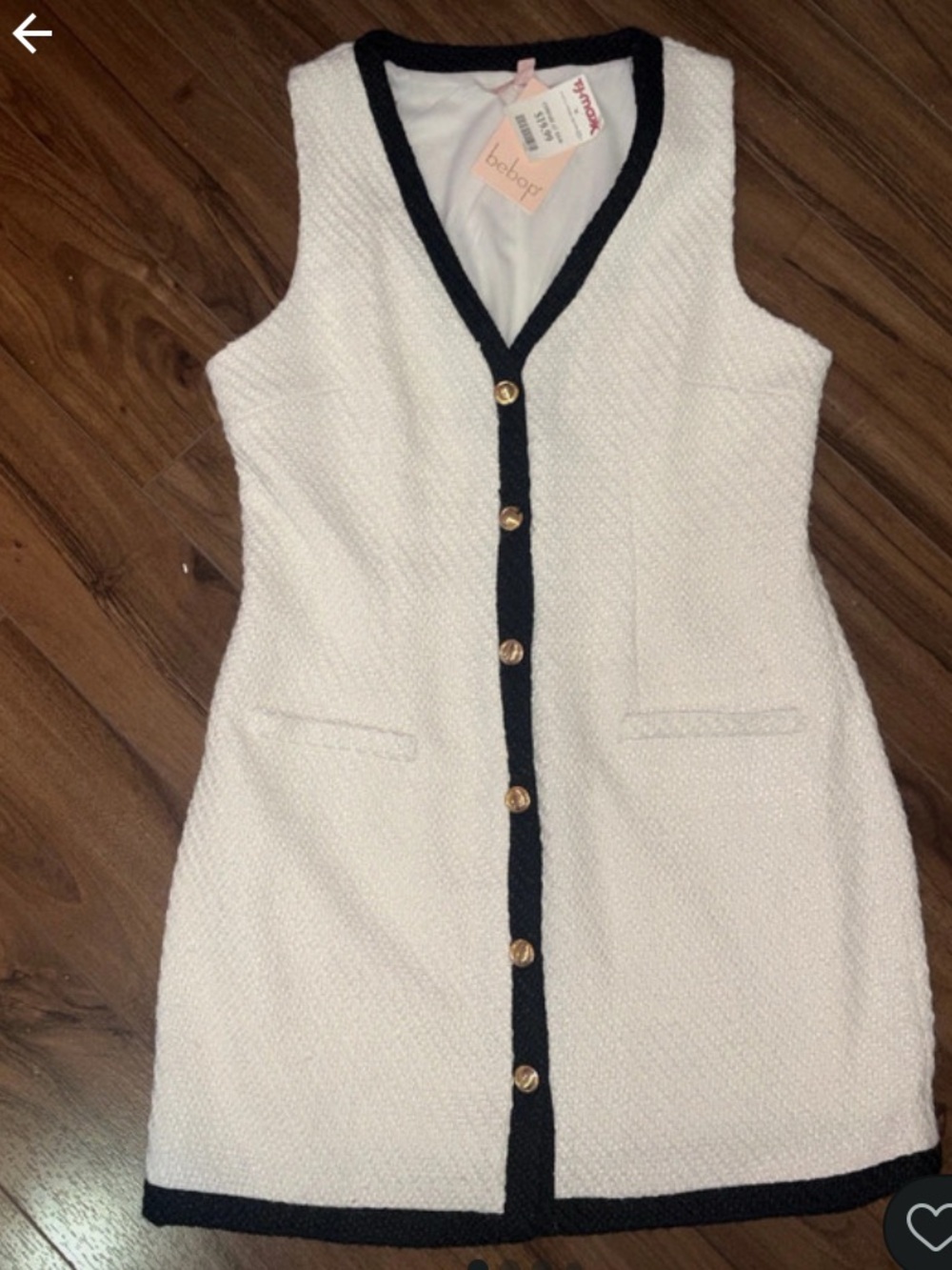 White Textured Sleeveless Dress with Black Trim
